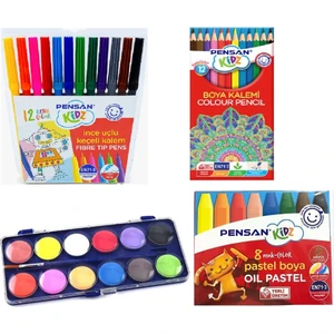 4 Lü Boyama Seti - (12'li Kuruboya, 12'li Suluboya, 12'li Keçeli , 8'li Pastel )