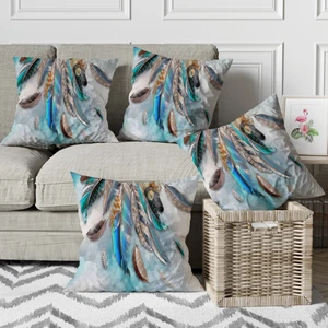 Menesa Home Tüy Desenli Gri Açık Mavi Dekoratif Dijital Baskılı  Kırlent Koltuk Yastık  Kılıfı