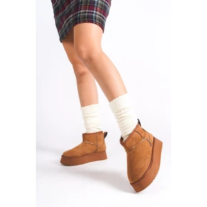 Kadın Palermo Taba Süet Içi Kürklü Kalın Tabanli (4,5 cm ) Mini Kısa Bot