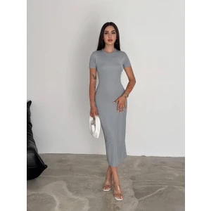 Deli Dolu Moda Kadın Bisiklet Yaka Esnek Uzun Elbise