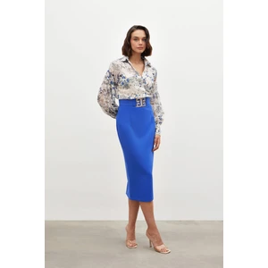 Aksesuar Detaylı Kalem Etek - Mavi