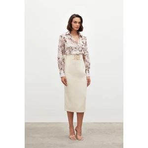 Aksesuar Detaylı Kalem Etek - Bej