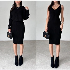 Wear And Wear Kadın Siyah Kalın Kışlık Askılı Midi Triko Elbise ve Crop Kazak Ikili Takım Triko Alt Üst Takım