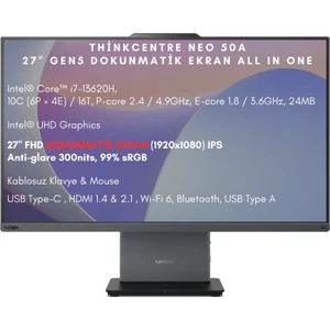 Thinkcentre Neo 50A 27 Gen  5 Intel Core I7 13620H 16GB 512GB SSD 27" Fhd Dokunmatik Ekran Freedos All In One Bilgisayar 12SA0013TR