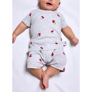 Drop Kids Bebek Pijama Takımı Kısakol Şort Kiraz Desen Baskılı Grimelanj Yenidoğan Çocuk Pijama