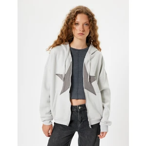 Oversize Fermuarlı Sweatshirt Kapüşonlu Yıldız Işlemeli Cep Detaylı Şardonlu