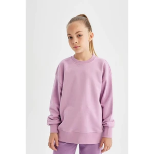 Kız Çocuk Lila Relax Fit Bisiklet Yaka Pamuklu Basic Düz Okul Sweatshirt A2797A824AU