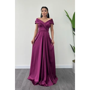 Saten Kumaş Kayık Yaka Abiye Elbise - Mürdüm