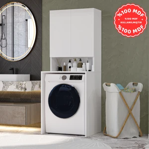 Mobilya Çamaşır Makinesi Dolabı 3 Raflı Kapaklı Banyo Dolabı Beyaz Mdf