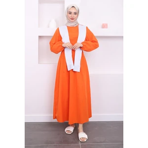 Orange Yaka Detaylı Bel Lastikli Elbise