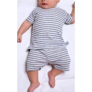 Drop Kids Bebek Pijama Takımı Lacivert Çizgili Baskılı Grimelanj Kısakol Şort Yenidoğan Çocuk Pijama