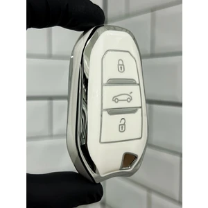 Barkas Elektronik Peugeot 208 308 408 508 2008 3008 5008 Anahtar Kılıfı Beyaz Gümüş