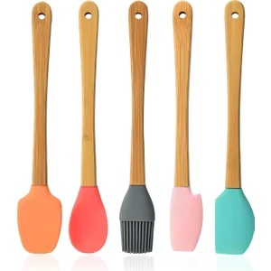 5 Parça Mini Silikon Spatula Kaşık Fırça Seti Bambu Saplı