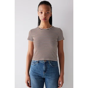 Kısa Kollu Kahverengi Çizgili Tişört