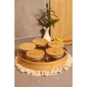 AtbyhomeDuo 300 ml Silikonlu Bambu Kapaklı Cam Kahvaltılık Lüx Kahvaltılık Sunum Seti