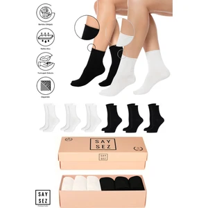 Bambu Kadın Lastiksiz Siyah-Beyaz Soket Dikişsiz Premium Çorap Kutulu 6'lı / Iz Bırakmaz - Sıkmaz