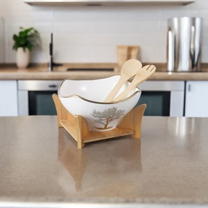 Bambu Standlı Gold Detaylı Porselen Yuvarlak Salata Kasesi Seti Servis Kasesi