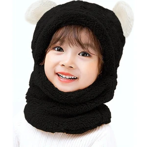 Evimli Panda Çocuk Kapşonlu Kulaklı Peluş Bere Welsoft Polar Rüzgar Geçirmez Boyunluklu Şapka