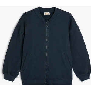Fermuarlı Sweatshirt Uzun Kollu Yuvarlak Yaka Cepli Pamuklu