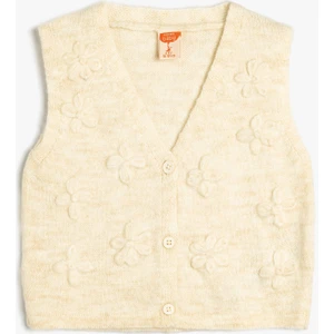 Kız Çocuk Kolsuz Basic Yelek Çiçek Aplikeli V Yaka Bej Renkli Şık Tasarım