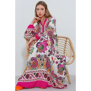 Kadın Fuşya Krem Desenli Viskon Tesettür Elbise 2423