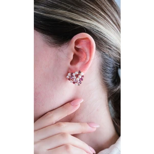 Mor Zirkon Taşlı ve Incili Kalp Küpe