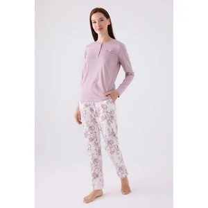 Kadın Lila Düğmeli Yaka Uzunkol Pijama Takım, Büyük Beden Kadın Pijama Takım