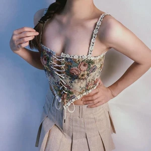Nisa Giyim Fransız Vintage Çiçek Desenli Önden Bağcıklı Crop Korse Büstiyer Kadın Üstgiyim