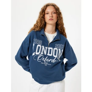 Yarım Fermuarlı Sweatshirt Oversize Kolej Baskılı Cep Detaylı