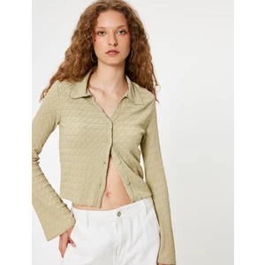 Uzun Kollu Tişört Düğmeli Gömlek Yaka Dokulu Düğmeli Çan Kol Slim Fit