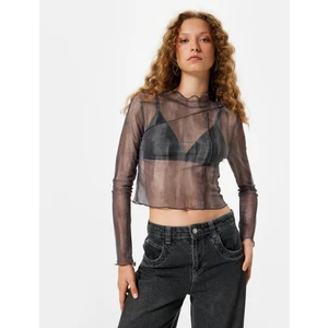 Uzun Kollu Tişört Tül Dikiş Detaylı Yakası Fırfırlı Slim Fit