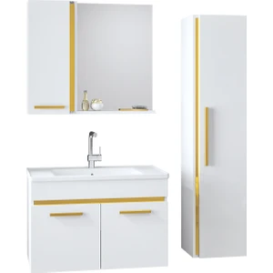 Alfa Banyo Yeni Gold Beyaz (80+35) 115 cm Lavabolu, Boy Dolaplı Mdf Banyo Seti-Hazır Kurulu