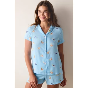 Happy Kısa Kollu Düğmeli Çizgili Mavi Gömlek Pijama Takımı