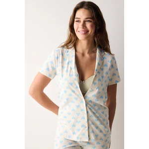 Pamuklu Blue Hearts Düğmeli Gömlek Pantolon Pijama Takımı
