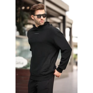 Siyah Kapüşonlu Cep Detaylı Nakışlı Erkek Sweatshirt 7050