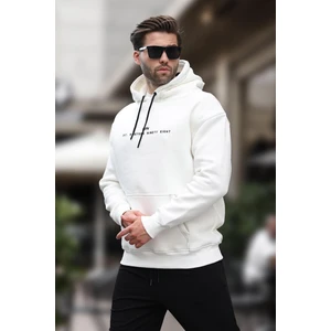 Ekru Kapüşonlu Nakış Detaylı Cepli Erkek Sweatshirt 7066
