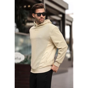 Bej Kapüşonlu Cep Detaylı Nakışlı Erkek Sweatshirt 7050