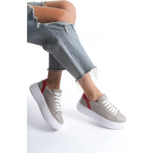 Mb6303-Gk Kadın Kalın Taban Gri Kırmızı Deri Sneaker & Spor Ayakkabı