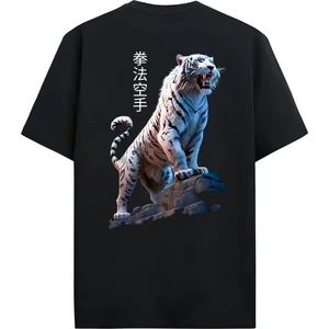 Oversize Bisiklet Yaka Kaplan Baskılı Kısa Kollu Siyah Tişört