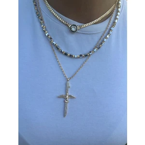 Mi Brillo Accessories Serenay Leyla 3lü Kolye( Ince Hasır,küp Dorika Kolye ve Arapça Elifin Ankası Zirkon Taşlı Gold Şık) Kolye Seti