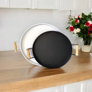 Ece Ev Modası Tepsi Seti -Ahşap Kulplu Metal Çay Tepsisi Kahve Tepsisi Sunum Kahvaltı 2'li Tepsi Seti 30-37 cm