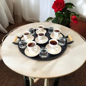 Ece Ev Modası Tepsi Ahşap Kulplu Metal Çay Tepsisi Kahve Tepsisi Sunum Kahvaltı 40 cm Tepsi