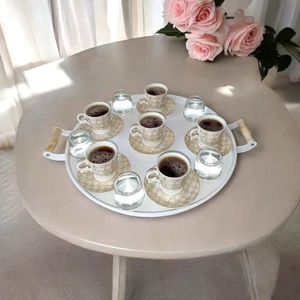 Ece Ev Modası Tepsi Ahşap Kulplu Metal Çay Tepsisi Kahve Tepsisi Sunum Kahvaltı 40 cm Tepsi