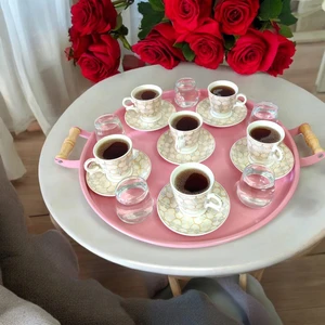 Ece Ev Modası Tepsi Ahşap Kulplu Metal Çay Tepsisi Kahve Tepsisi Sunum Kahvaltı 40 cm Tepsi