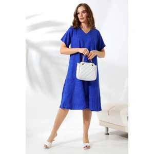 Yazlık Büyük Beden Viskon V Yaka Kısa Kol Elbise 2688