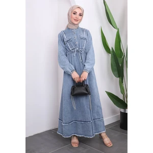Mavi Püsküllü Bel Bağlamalı Kot Elbise