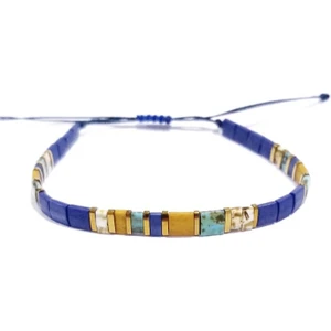 Funny Takı Altın Rengi Hematit Doğaltaşlı Mat Lacivert Hardal ve Turkuaz Rengi Unisex Miyuki Tila Bileklik