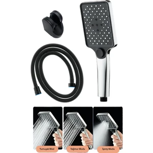 Aqua Kare 3 Fonksiyonlu Duş Başlığı, Siyah Duş Hortumu ve Siyah Mafsal Duş Seti