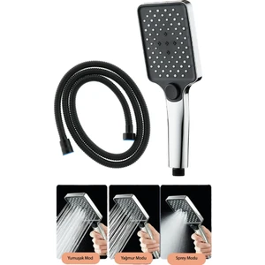 Aqua Kare 3 Fonksiyonlu Duş Başlığı ve Siyah Duş Hortumu 1.5 m Duş Seti