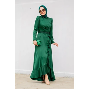 Tesettür Çarşım Inci Işleme Kemerli Asetat Saten Abiye-Zümrüt